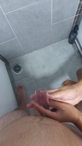 Sensual Red Nails Soapy Shower Handjob