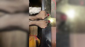 Red Nail Polish Tease: Pixie Feet Delightfully Wrapped In Fishnet Haze