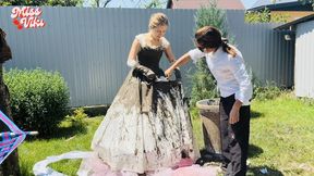 Bride in mud and wedding dress ripping! Smoking!