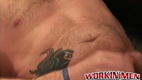 Tattooed bald guy shows off dick stroking skills & cumshot
