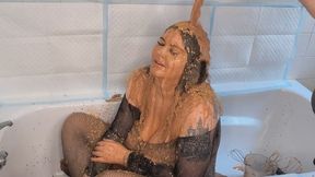 Messy whore gets fed choc oats mix and gags on dildo, then gets covered in the gloopy leftovers