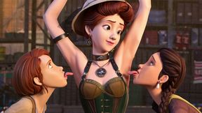 hot sexy female explorer gets two kinky lesbians to explore and lick her smooth armpits with their tongues