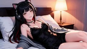 a sexy girl with black and red hair, performing an extremely difficult pose. perfect oral sex, deep throat you must come and have a look! ai-generated