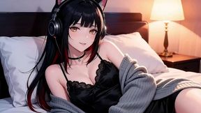 a sexy girl with black and red hair, performing an extremely difficult pose. perfect oral sex, deep throat you must come and have a look! ai-generated