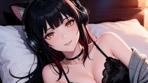 a sexy girl with black and red hair, performing an extremely difficult pose. perfect oral sex, deep throat you must come and have a look! ai-generated