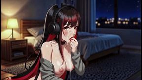 a sexy girl with black and red hair, performing an extremely difficult pose. perfect oral sex, deep throat you must come and have a look! ai-generated
