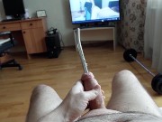 Cumshot through penis urethral plug with glans ring (slow motion cumshot)