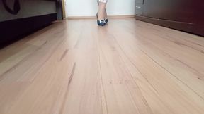 Crossdresser Walks in Sexy Blue Jeans Pointed Toe High Heels Pumps with Buckle