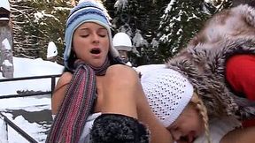 Kinky girls Ella and Yvonne fucks outdoor in the winter