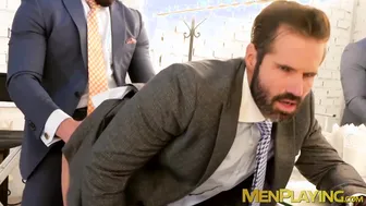 Bearded businessmen in suits have hardcore office anal sex