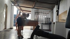 Camera films straight players playing pool and naked