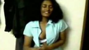 Shy chubby Indian wife flashes her C cup tits on my camera