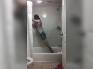 Crossdresser Outfit Try-On in Shower tub grinding and dry humping