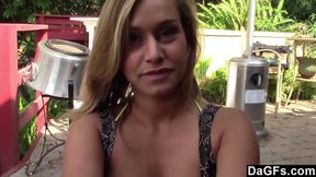 Stunning babe Kennedy Leigh sucks and rides cock outdoors in POV