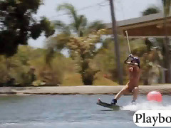 Massive boobs playmates try out wakeboarding at the lake
