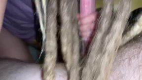 Blonde dreadlock babe intense close-up blowjob