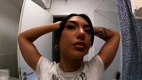 Brunette chick strips in dorm tease no panties before club