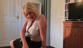 English mature in erotic stockings is sucking a hard dick in a POV style and eating cum HD