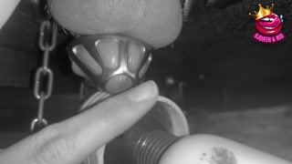 Femdom makes slave cum in chastity cage restrained on the milking table