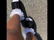 Frilly socks and wedge sandals OUTSIDE