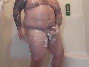 Beefy chubby bear soaps up beautiful cock and has moaning orgasm