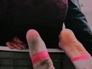 Chole fields foot tease on bathroom counter