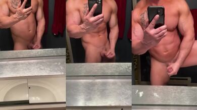 Big veiny bodybuilder strokes his thick cock in front of mirror