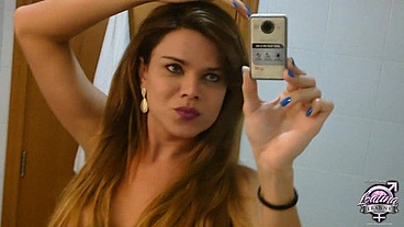 Trans pornstar Hilda Brazil selfie video on the mirror in my hotel room