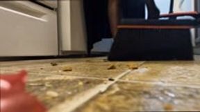 Tiny Tim Swept up with Giant Broom and Thrown in Trash POV 4K