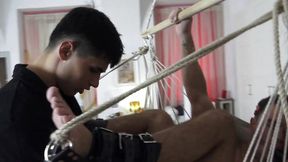 The master fucks the bitchboy hard in the anus while Aliya shoves the dildo deep into his throat