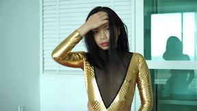 Asianspandexsluts - Niko showing off her juicy ass and wanting to seat on a dick in her Gold Spandex and Tan Pantyhose