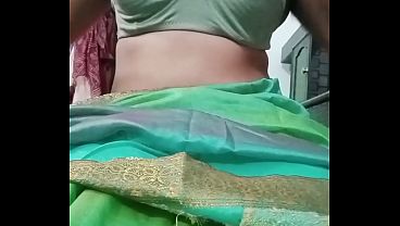 Indian Gay Crossdresser Bottom Gaurisissy pressing and playing with her big boobs in blue saree real homemade sex