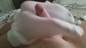 Wife gives footjob in white frilly ankle socks