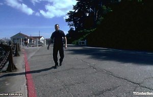 Big cock TS anal fucks bound cop