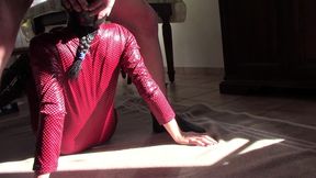 wearing a catsuit and black platform boots, i m roughly fucked and receive a huge load of cum on my tits
