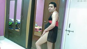 Hot sissy crossdresser femboy Sweet Lollipop in a black lingerie and thong.