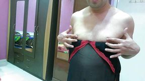 Hot sissy crossdresser femboy Sweet Lollipop in a black lingerie and thong.