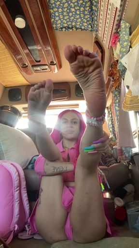 Pretty Teen Foot Whore Teases Soles Wrinkled Scrunched POV Small Feet in Your Face Pink Princess Legs Lifted Above Head