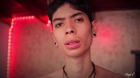 hot skinny twink jerking his big cock and playing with his precum and cum