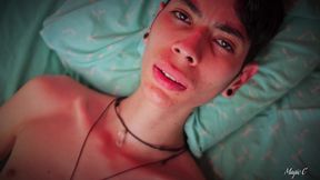 hot skinny twink jerking his big cock and playing with his precum and cum