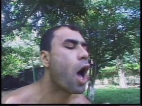Shemale plays with her cock while getting fucked in her ass outdoors