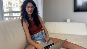 Skinny nerdy girl with glasses gets enormous cock in missionary POV
