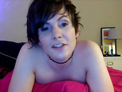 Short haired trans shows her face of orgasm during anal