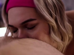 Blonde shemale dancer barebacks the ass of her guy partner