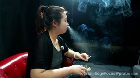Sensual Asian Smoker In Red Armchair: Deep Inhales & Dense Smoke — QY1 4K