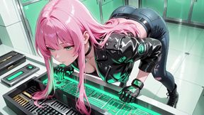 Pink-Haired Leather Tech! Private vibes in a neon-lit cyber corridor.