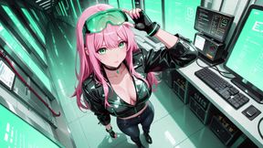Pink-Haired Leather Tech! Private vibes in a neon-lit cyber corridor.