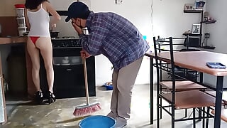 A lucky cleaning worker surprises this divine horny stepmother ready to fuck in heels.