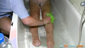 ”Naughty nurse washing old old woman & turns on”