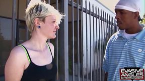 EVASIVE ANGLES Krys Foxy gets hungry for a big stick fortunately for her she ended up with the big black cock inside her white mouth  with a big facial cum shot in her mouth!